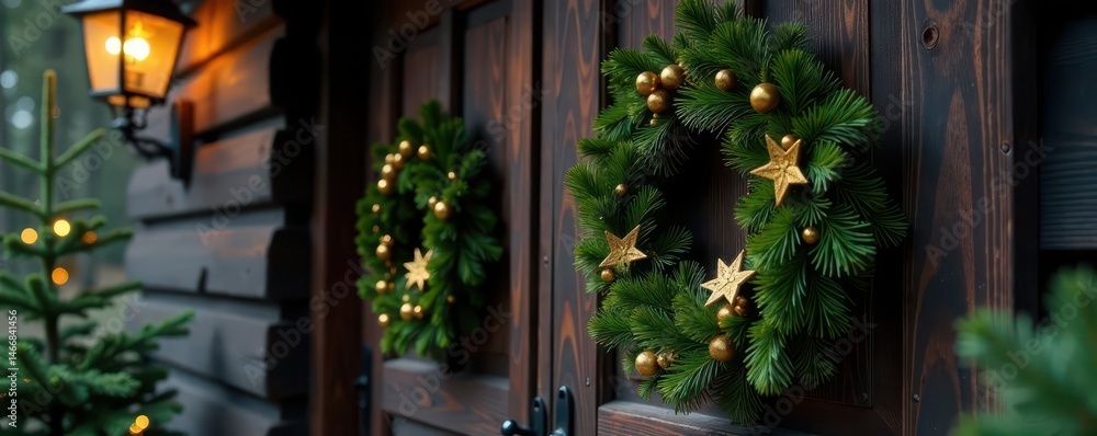 Fototapeta premium Luxurious dark green & gold holiday wreath on rustic cabin door , door, decoration, evergreen