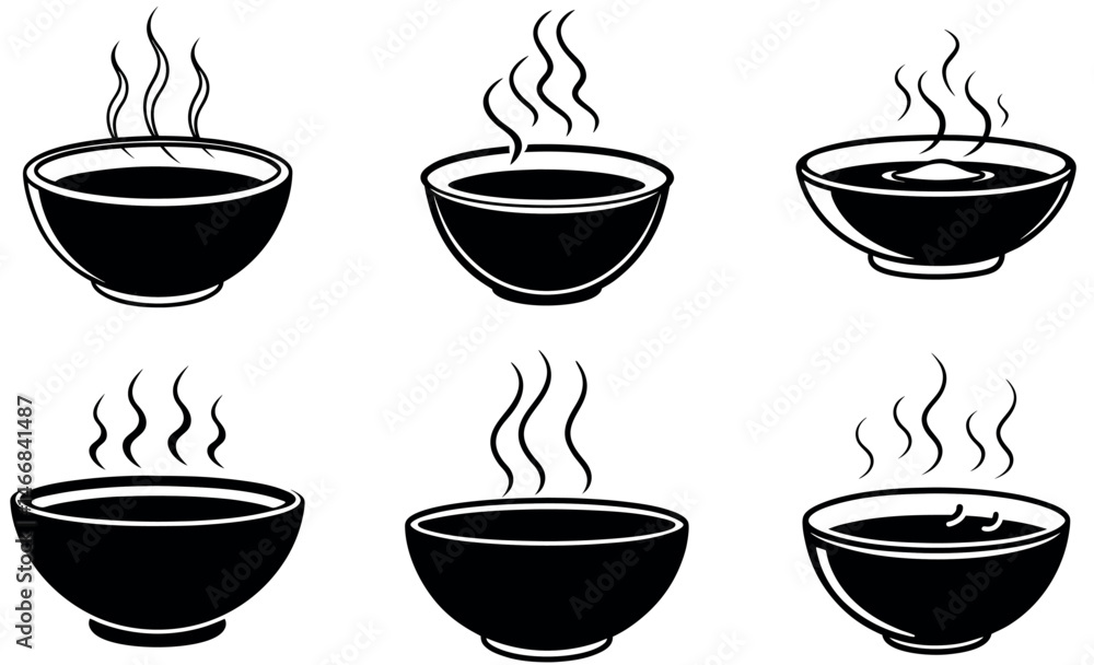 Black Bowl with Steaming Hot Liquid Icon Set Black Bowl with Steaming Hot Liquid Icon Set