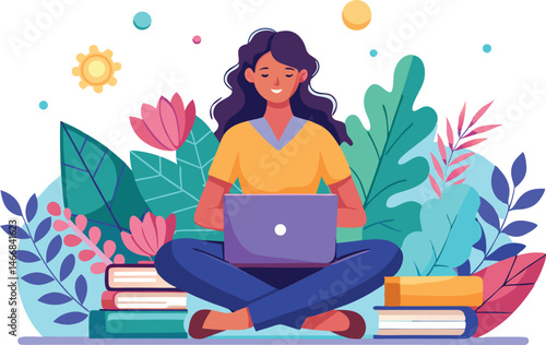 Digital Art of Woman Sitting on Books with Laptop, Colorful Flat Design with Plants