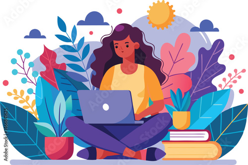 Digital Art of Woman Sitting on Books with Laptop, Colorful Flat Design with Plants