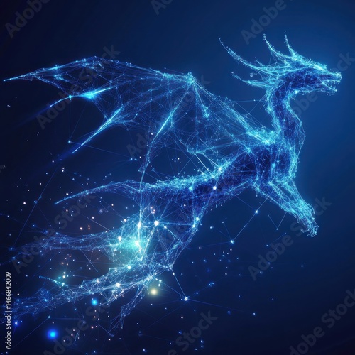 Digital dragon soaring through the cosmos.  A fantastical, interconnected creature of light