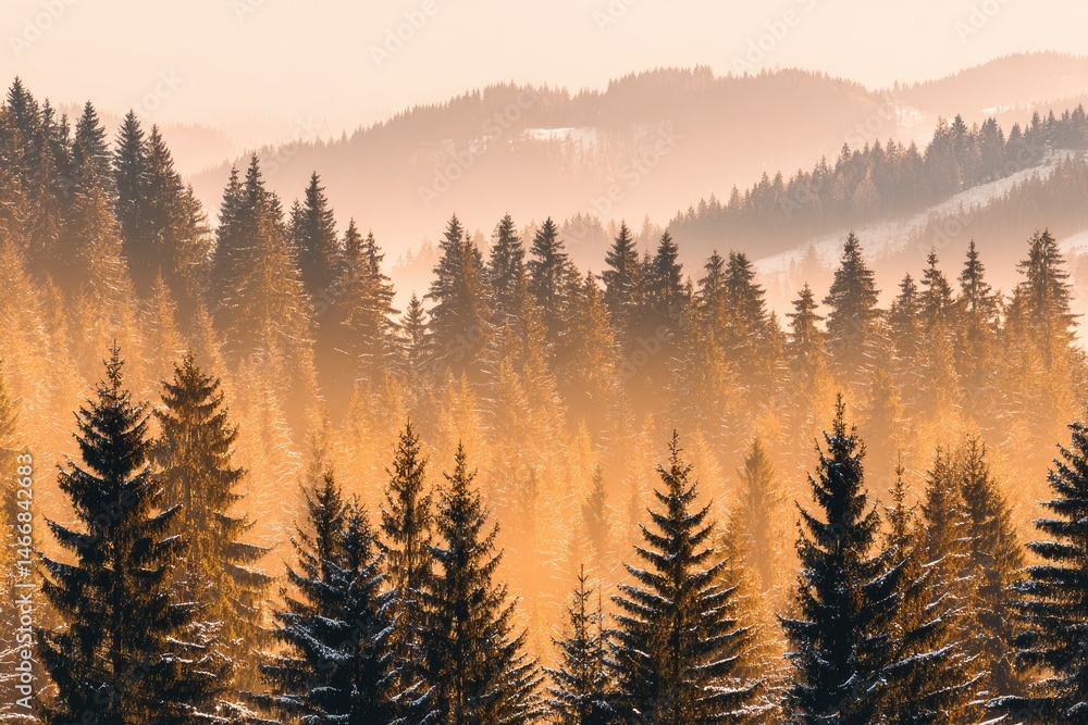 Obraz premium Misty mountain forest sunrise