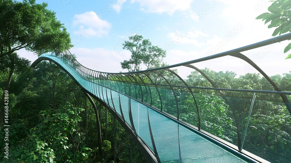 Obraz premium A long glass bridge with curved railings and a clear deck, stretching over a lush forest, allowing an immersive view of the treetops below. 