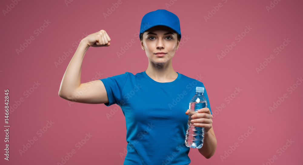 Young woman in blue uniform flexing bicep with water bottle in studio. Female delivery driver flexing arm holding water bottle against pink background. Young woman in blue uniform flexing bicep with water bottle in studio. Female delivery driver flexing arm holding water bottle against pink background.