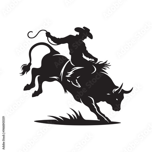 Rodeo Bull Rider Vector Silhouette, Wild West Action, Cowboy Courage, Rough Ride, Western Spirit, Adrenaline Rush, Rodeo Champion, Bucking Bronco.
