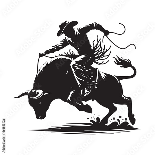 Rodeo Bull Rider Vector Silhouette, Wild West Action, Cowboy Courage, Rough Ride, Western Spirit, Adrenaline Rush, Rodeo Champion, Bucking Bronco.
