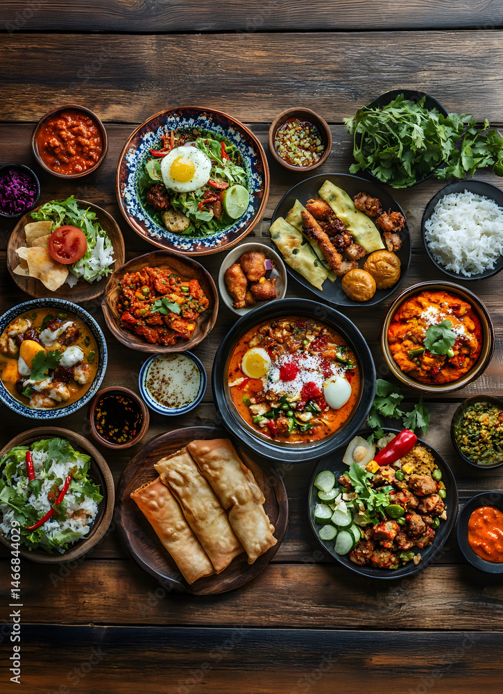Overhead flat-lay colorful dishes from different countries arranged on wooden table, celebrating global cuisine, cultural exchange, and diversity of traditional food experiences.