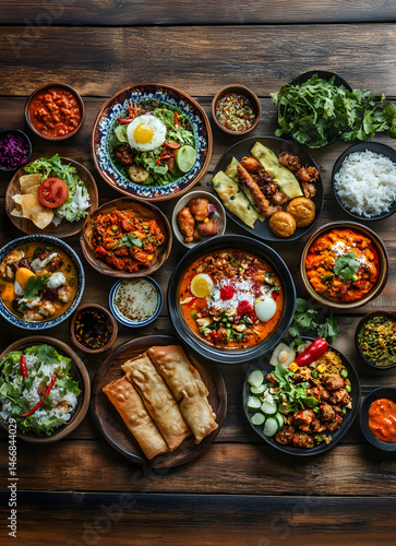 Obraz na płótnie Overhead flat-lay colorful dishes from different countries arranged on wooden table, celebrating global cuisine, cultural exchange, and diversity of traditional food experiences. w salonie