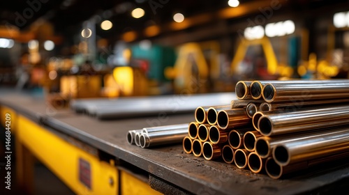 Industrial metal pipes stacked in manufacturing facility