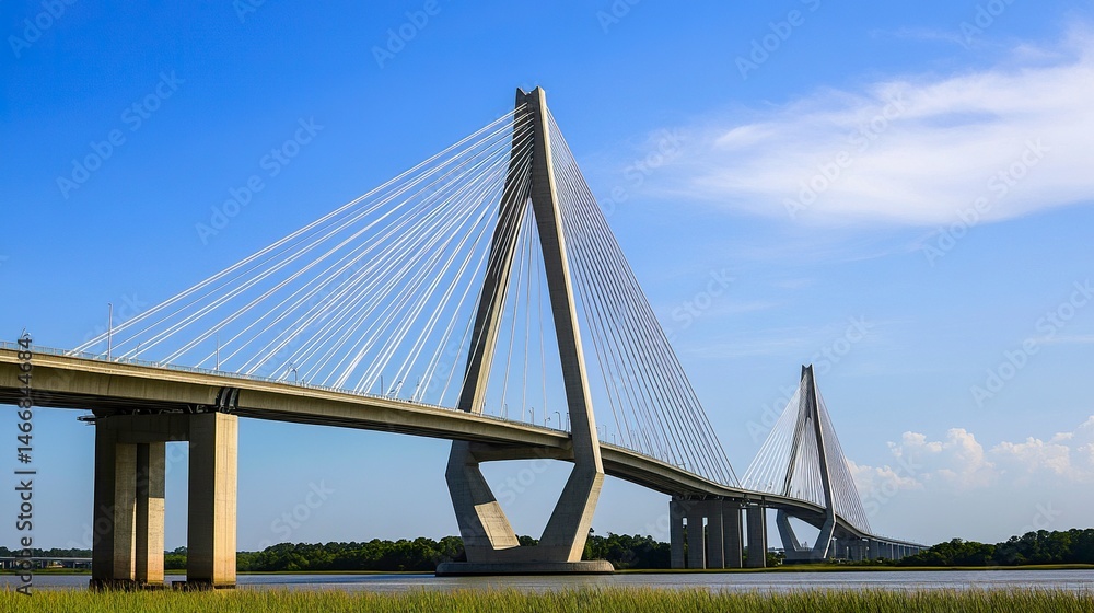 Fototapeta premium A low-angle view of a sleek cable-stayed bridge, with steel cables radiating upward against a vivid blue sky, highlighting structural innovation. 
