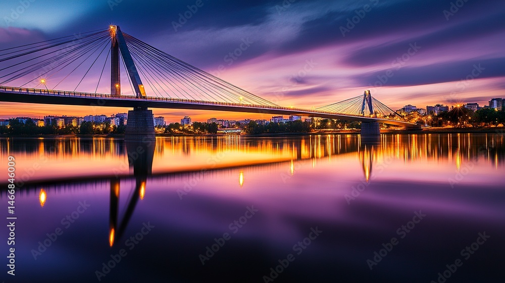 Obraz premium A majestic suspension bridge glowing in twilight hues, its reflection stretching across tranquil waters, framed by a quiet cityscape ideal for travel themes. 