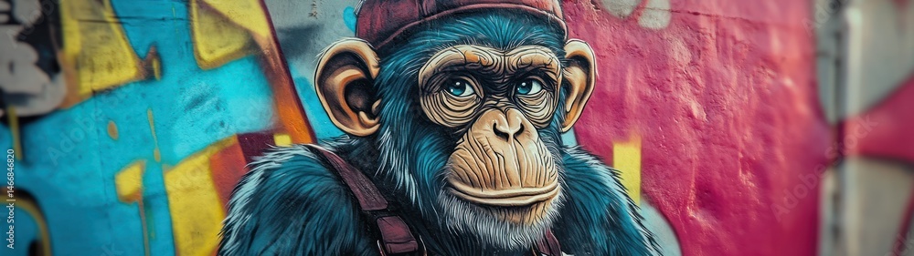 Urban primate portrait against vibrant wall art Urban primate portrait against vibrant wall art