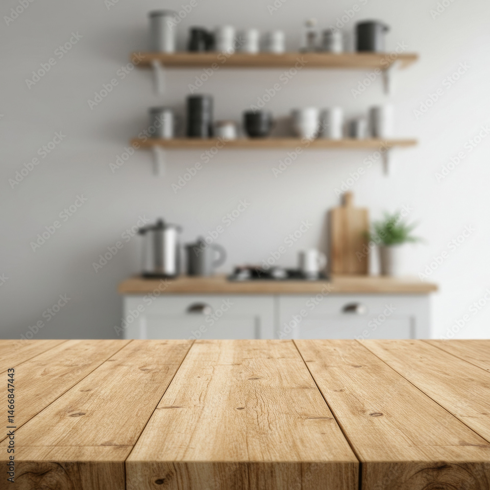 Empty light brown wooden table top in modern, neutral kitchen setting. Blank surface with out-of-focus background of white cabinets and shelves filled with kitchenware. Empty light brown wooden table top in modern, neutral kitchen setting. Blank surface with out-of-focus background of white cabinets and shelves filled with kitchenware.