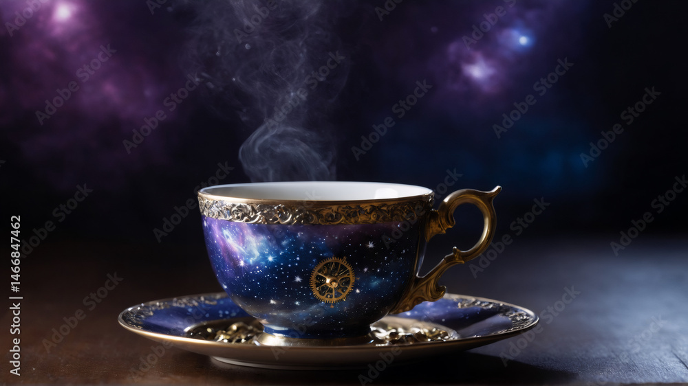 Fototapeta premium Steaming teacup with galaxy design against dark background
