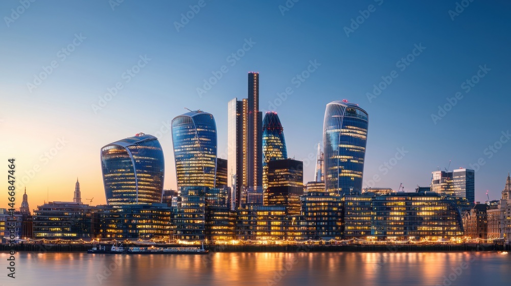 Fototapeta premium Stunning Dusk Skyline View with Beautiful Reflections on Water and Vibrant City Lights