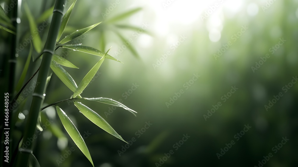 Naklejka premium Serene Bamboo Forest Scene Dew Drops on Lush Green Leaves Sunlight Filter
