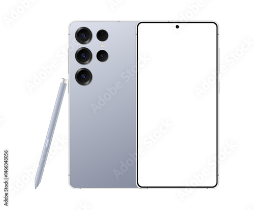 Samsung Galaxy S24 S25 Ultra latest mobile phone mockup device with blank display, realistic template front and back view for social media advertisement. Smartphone with stylus pen vector illustration