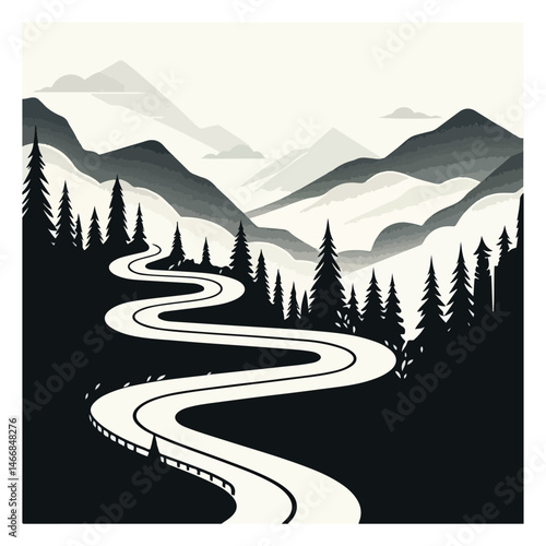 Winding Road Through Mountain Forest Vector Illustration in Grayscale