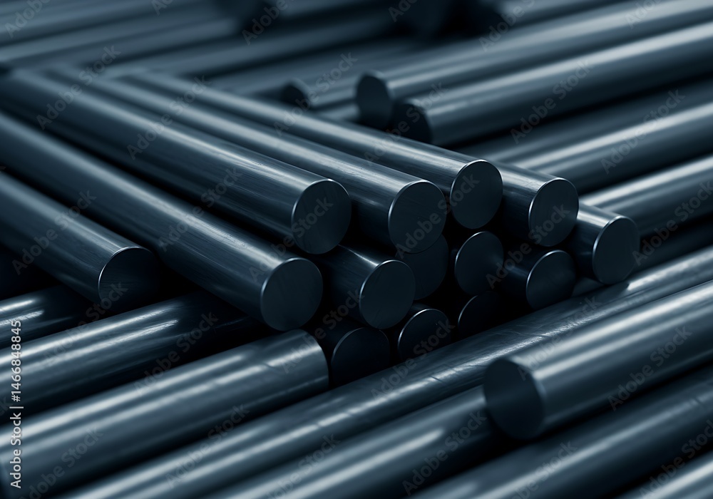A disordered arrangement of smooth, reflective, dark gray cylindrical rods is captured in a close-up, suggesting industrial components or scientific materials like glassy carbon. A disordered arrangement of smooth, reflective, dark gray cylindrical rods is captured in a close-up, suggesting industrial components or scientific materials like glassy carbon.