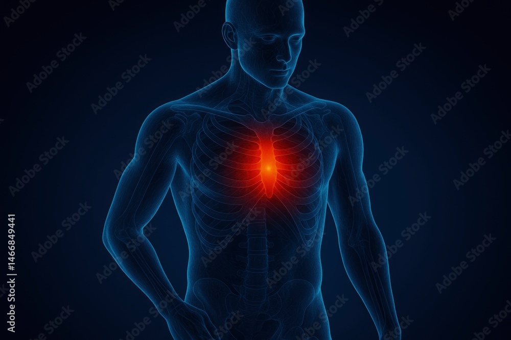 Human Chest Anatomy with Highlighted Sternum Pain Area Human Chest Anatomy with Highlighted Sternum Pain Area