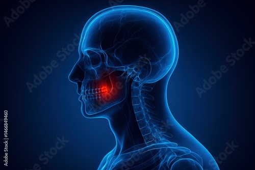 X-Ray Style Scan of Human Jaw with Toothache Highlighted