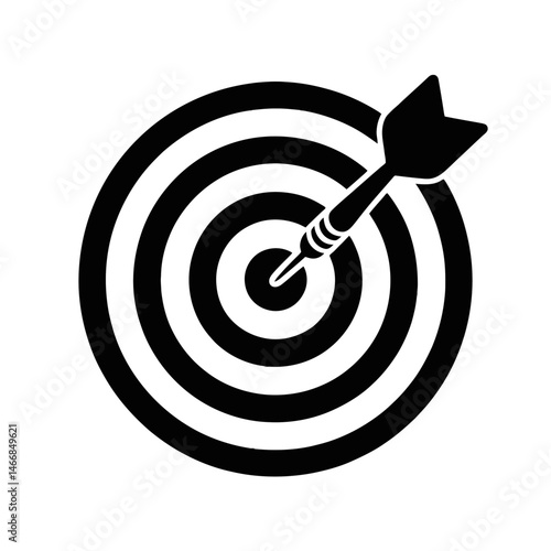 A black bullseye target is depicted with a single dart perfectly hitting the center.