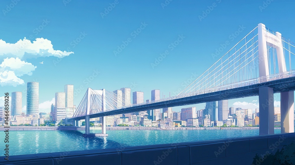 Fototapeta premium A modern bridge spanning a wide river, with a vibrant city skyline rising in the background under a clear blue sky 