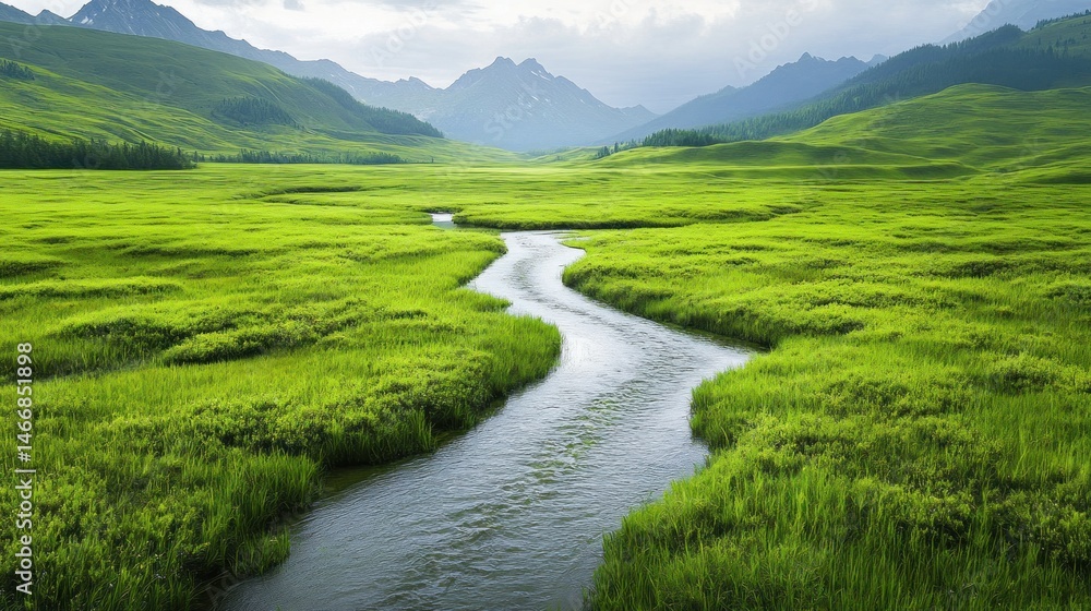 Lush valley landscape with a winding stream. Lush valley landscape with a winding stream.