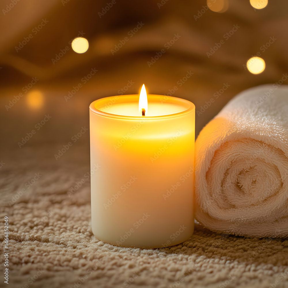 Close-up of burning candle beside fluffy rolled towel on wooden surface, captured in soft focus with warm ambient lighting, evoking relaxation, wellness, and luxury spa atmosphere