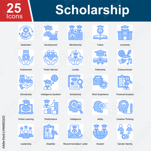 Scholarship represents icons focused on educational support, academic achievements, and opportunities for students, including financial aid, development programs, extracurricular activities.