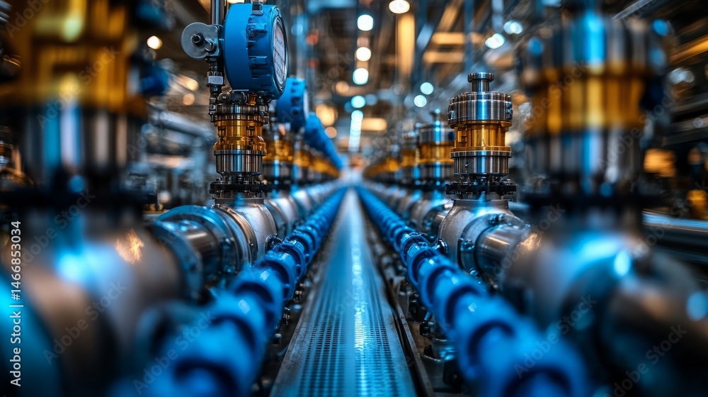 A complex network of blue and silver pipes fills a large industrial area, highlighting advanced engineering A complex network of blue and silver pipes fills a large industrial area, highlighting advanced engineering