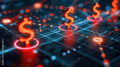 Digital network grid with glowing red dollar signs over financial matrix background concept showing digital currency economy investment profit analysis global trade fintech ecosystem.
