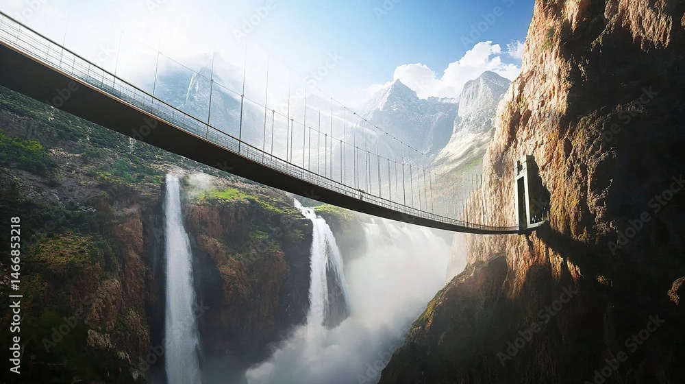 Fototapeta premium A modern suspension bridge elegantly spanning a rugged canyon, with cascading waterfalls draped in mist providing a mesmerizing background.