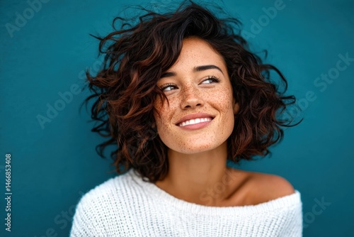 Smiling woman with curly hair poses against a teal background in a cozy sweater during daylight