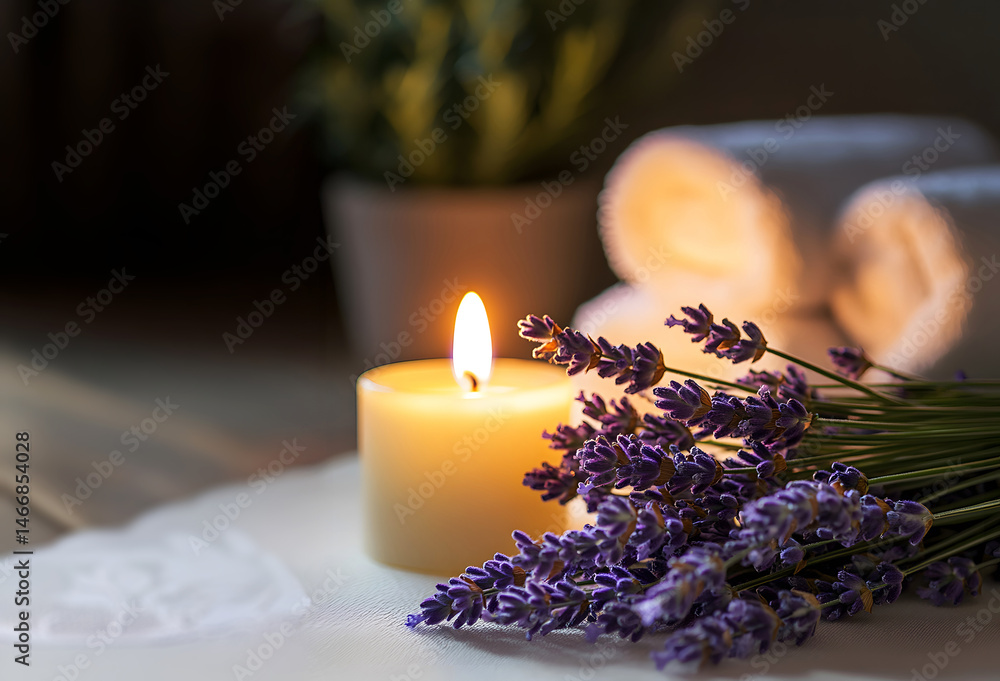 Close-up view of fresh lavender beside glowing candle and soft rolled towels, captured in warm light with gentle blur to evoke calm, scent, and peaceful spa atmosphere for wellness and therapy