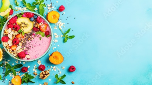 A colorful smoothie bowl topped with fresh fruits, seeds, and nuts on a blue background, surrounded by scattered ingredients.
