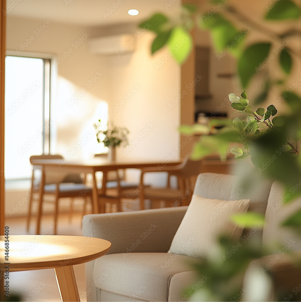 a cozy living room with light-colored walls, a comfortable sofa, and a fully visible integrated dining area with a wooden dining table, a blurred green plant, Warm natural lighting