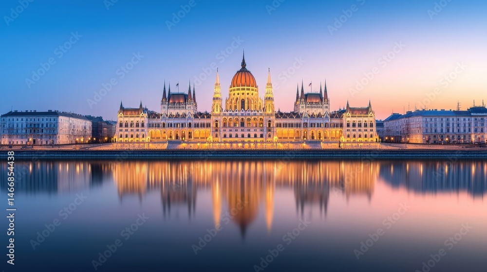 Obraz premium Tranquil River View with Reflections of a European Capital at Dusk