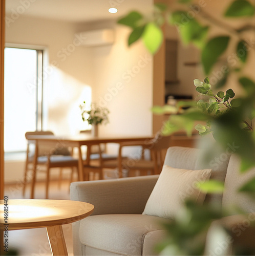 Obraz na płótnie a cozy living room with light-colored walls, a comfortable sofa, and a fully visible integrated dining area with a wooden dining table, a blurred green plant, Warm natural lighting w salonie