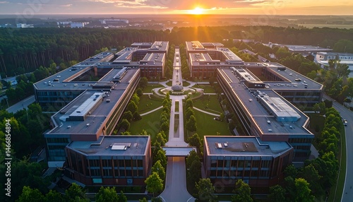 Sunset Aerial View of a Large Campus with Green Landscaping