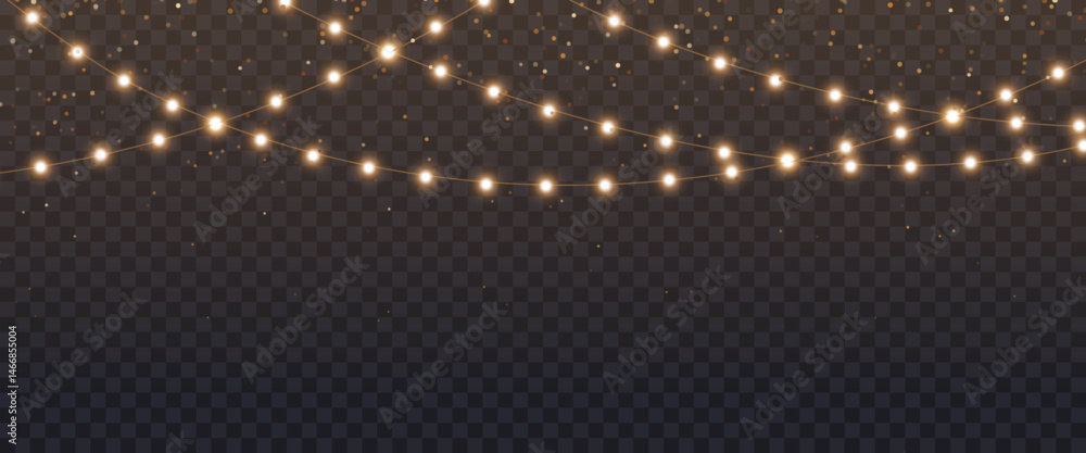 Christmas light garland with gold glitter on transparent background, new year light effect elements for banner, poster, flyer and xmas card. Horizontal yellow wires shining, led strips png, vector.
