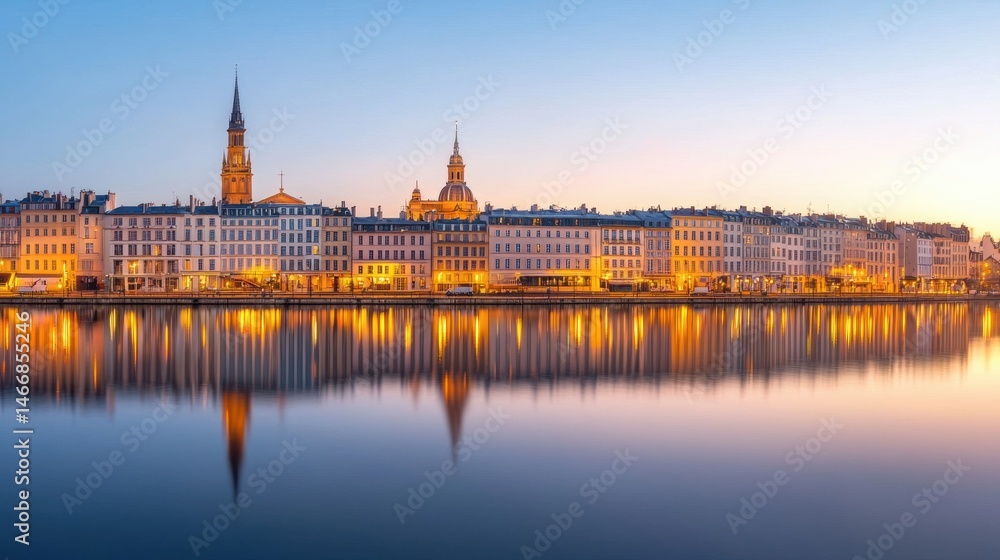 Fototapeta premium Captivating City View Reflected in Water at Dawn with Beautiful Lights and High Fidelity Quality