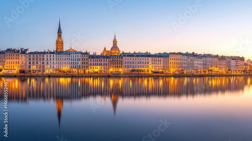 Captivating City View Reflected in Water at Dawn with Beautiful Lights and High Fidelity Quality