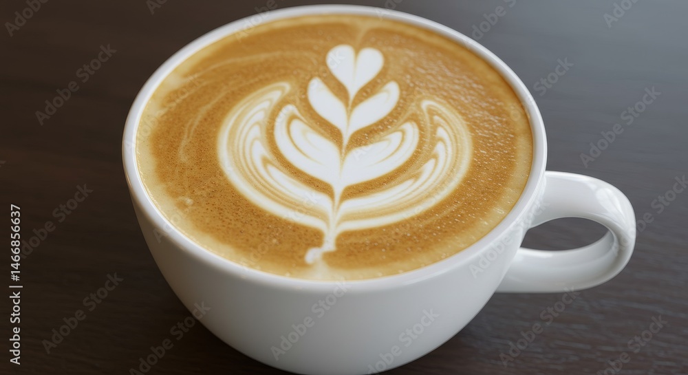 Aromatic Latte Art Coffee - Close-up of a steaming cup of latte featuring elegant leaf design in the foam. Perfect for coffee shop menus or beverage websites Aromatic Latte Art Coffee - Close-up of a steaming cup of latte featuring elegant leaf design in the foam. Perfect for coffee shop menus or beverage websites