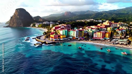 Aerial Fly-In Over Coastal Caribbean Town with Colonial Architecture and Petit Piton Framed by Ocean and Jungle