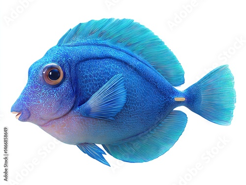 Vibrant blue tropical fish, teal-lavender gradient fins, yellow dorsal tag, studio lighting