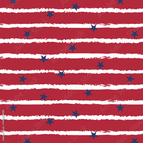 Patriotic Hand Drawn Stars and Stripes Seamless Pattern. 4th of July, USA Independence day, Americana Backdrop. Vector Template For Fabric, Textile, Wallpaper, Wrapping Paper