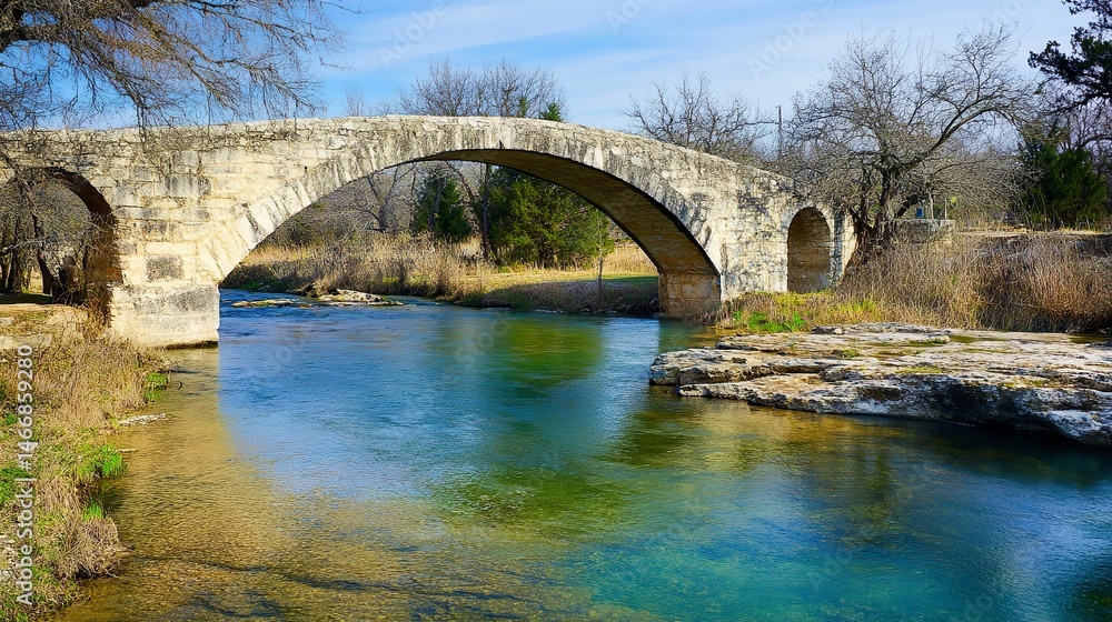 A picturesque stone bridge arching over a clear, flowing stream, its weathered surface complemented by the natural beauty of the water below. A picturesque stone bridge arching over a clear, flowing stream, its weathered surface complemented by the natural beauty of the water below.