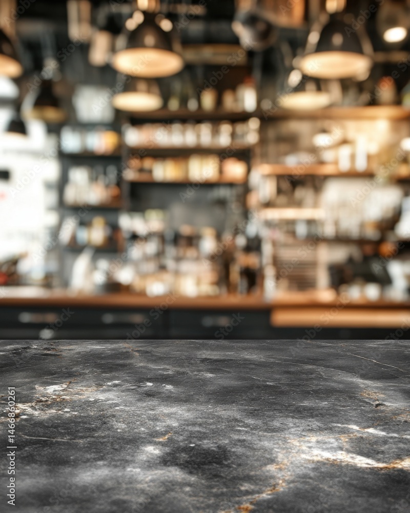 Obraz premium Marble Countertop in Coffee Shop Interior Blurred Background Food Display Mockup Product Placement