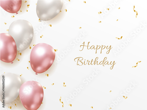 Elegant Birthday Greeting Card - Style Illustration with pink and Silver Balloons and Confetti, Displaying the Text "Happy Birthday to You" in a Graceful Font on a White Background